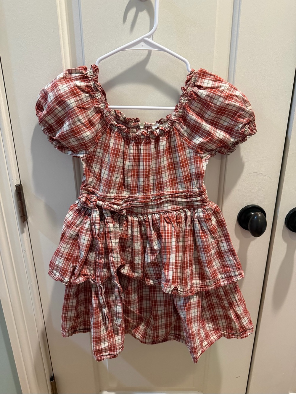 Red Plaid Puff-Sleeve Girls' Casual Dress with Waist Tie